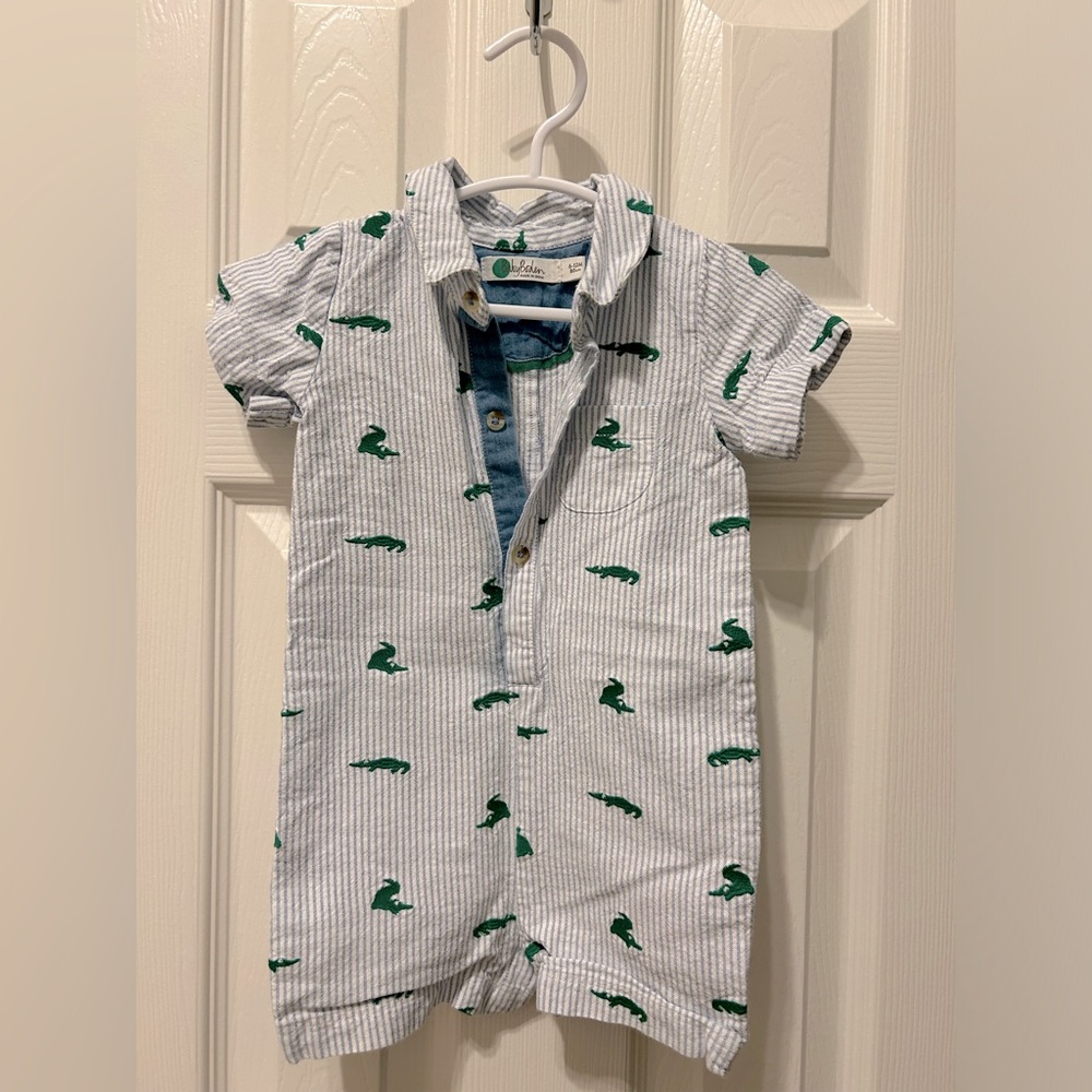 Mini Boden alligator stitch, blue seersucker one piece 6 to 12 month